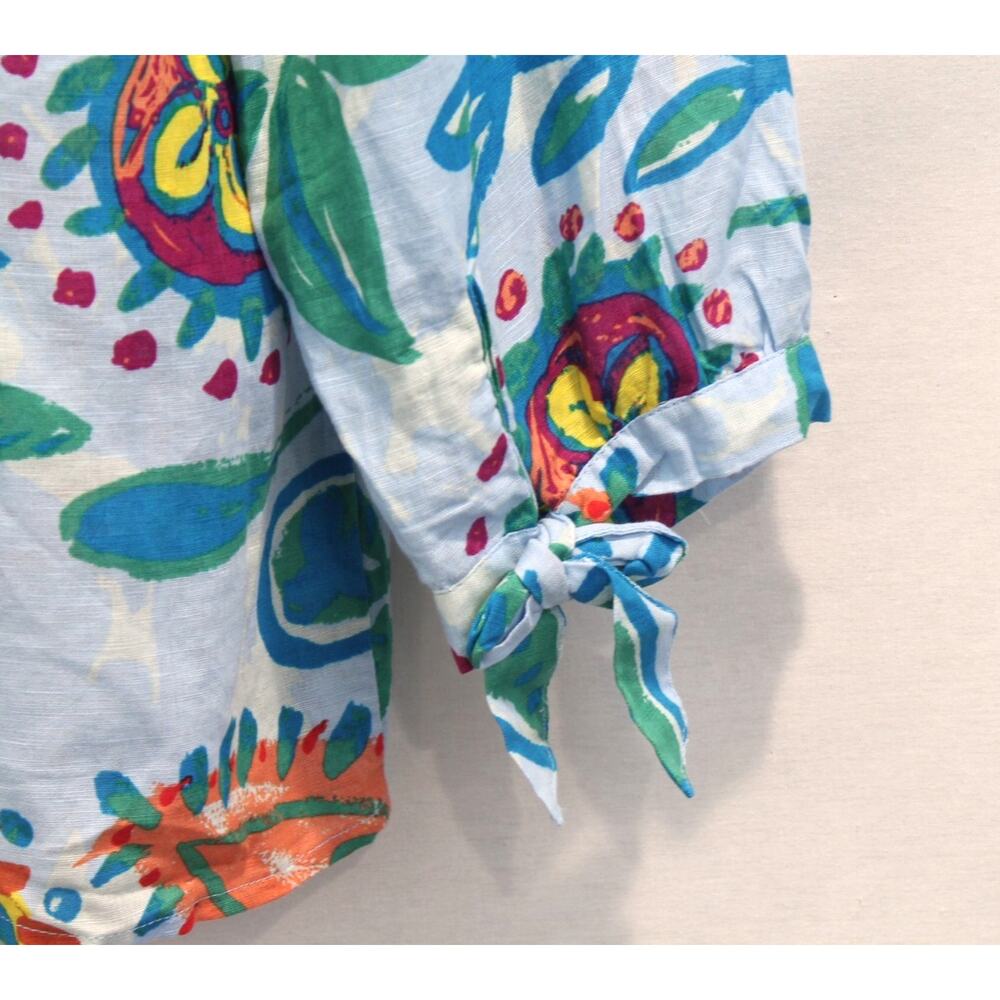 Hester Orchard Linen Blend Top Womens size L Blue Floral Topical Summer Blouse - Picture 5 of 10